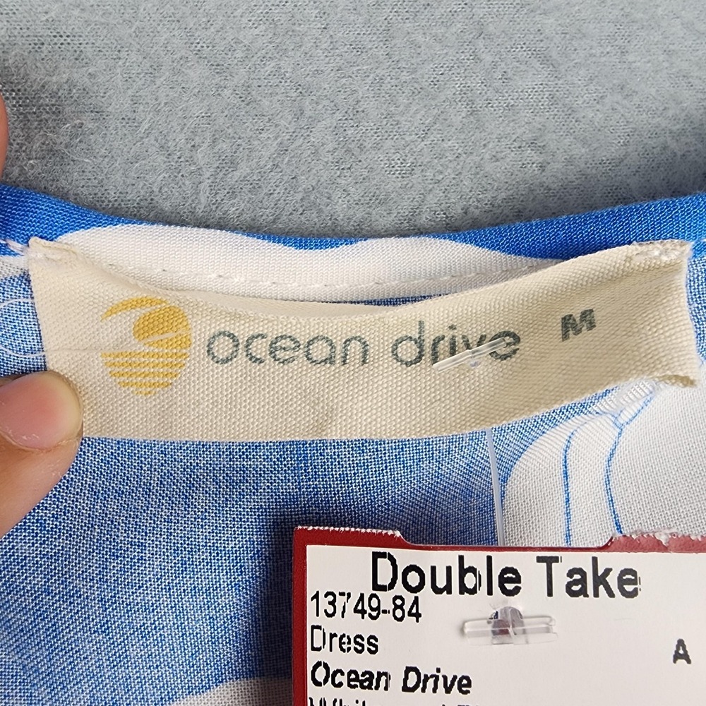 Ocean Drive Dress Womens Medium Blue Floral Wrap V Neck 3/4 Sleeve Ruffle Mini - Picture 3 of 10